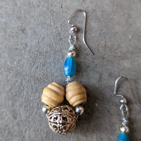 Handmade Teal and Tan Beaded Dangle Drop Earrings - Picture 2 of 6